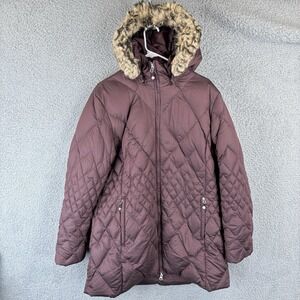 Eddie Bauer Quilted Hooded Puffer Coat with Faux-Fur Trim - Plum